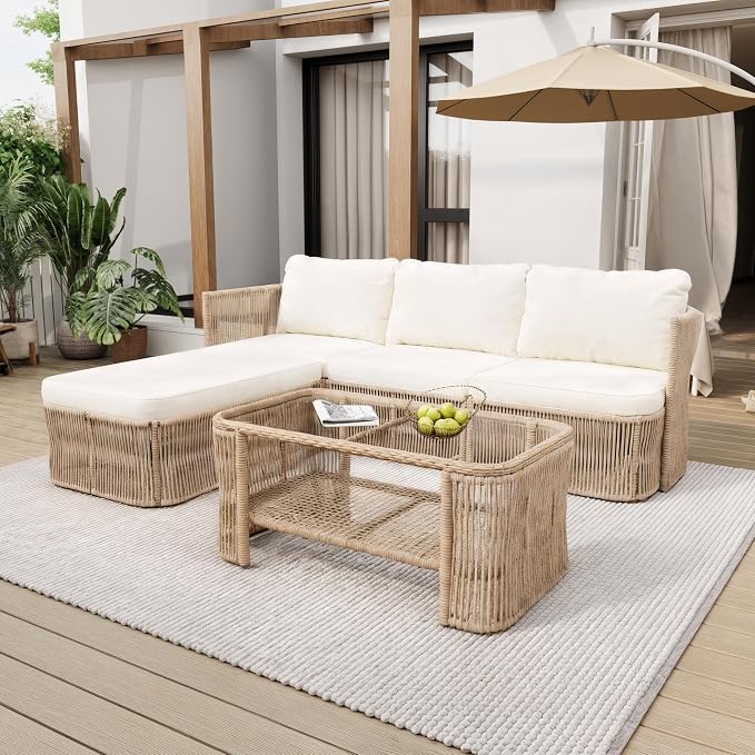 Outdoor PE Rattan Patio Furniture Set Sectional Sofa with Iron Frame, All-Weather Wicker Conversation Set with Thick Cushions and Coffee Table for Garden Backyard Balcony