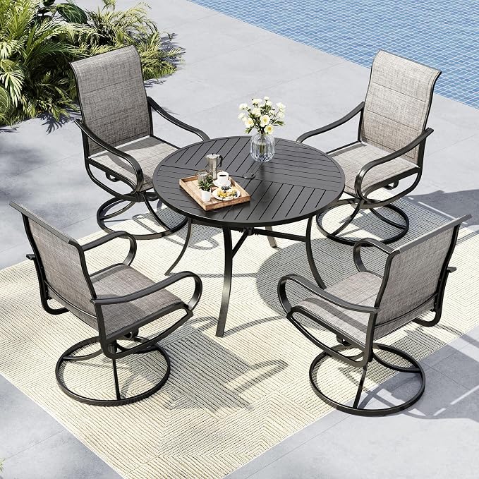 MFSTUDIO Round Patio Table & Swivel Chairs, 5 Piece Outdoor Dining Set | Padded textilene, Ergonomic high back, Metal table w/Umbrella hole, Rust-reistant, 4 Person, Patio deck garden backyard