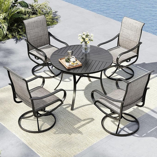 MFSTUDIO Round Patio Table & Swivel Chairs, 5 Piece Outdoor Dining Set | Padded textilene, Ergonomic high back, Metal table w/Umbrella hole, Rust-reistant, 4 Person, Patio deck garden backyard