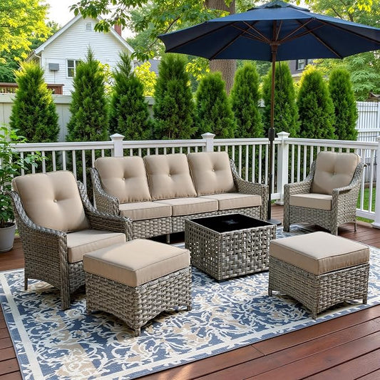 6 Piece Patio Furniture Set with Solar Lights Coffee Table, Outdoor Wicker High Back Sofa Chairs Ottomans with Cushions, All Weather Conversation Set for Backyard Porch Deck, Beige