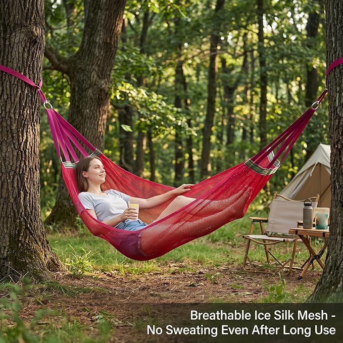 Hammock Camping, Breathable Mesh Portable Hammock, Anti-roll Outdoor Hammocks for Adults, Includes Storage Bag Red