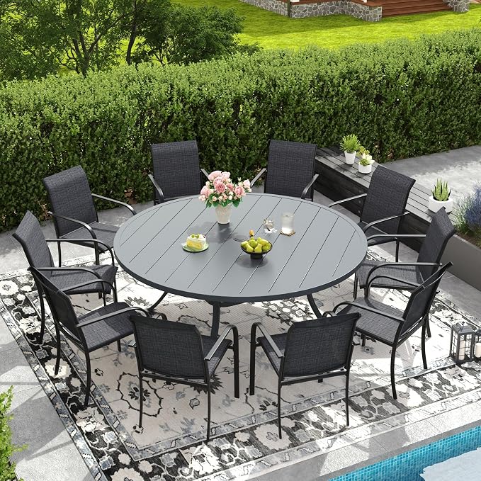 DIFY Patio Dining Set for 10, 11 Piece Outdoor Table and Chairs Set, 63" Round Metal Patio Dining Table and Textilene Stackable Patio Chairs, for Backyard Garden Poolside, Grey