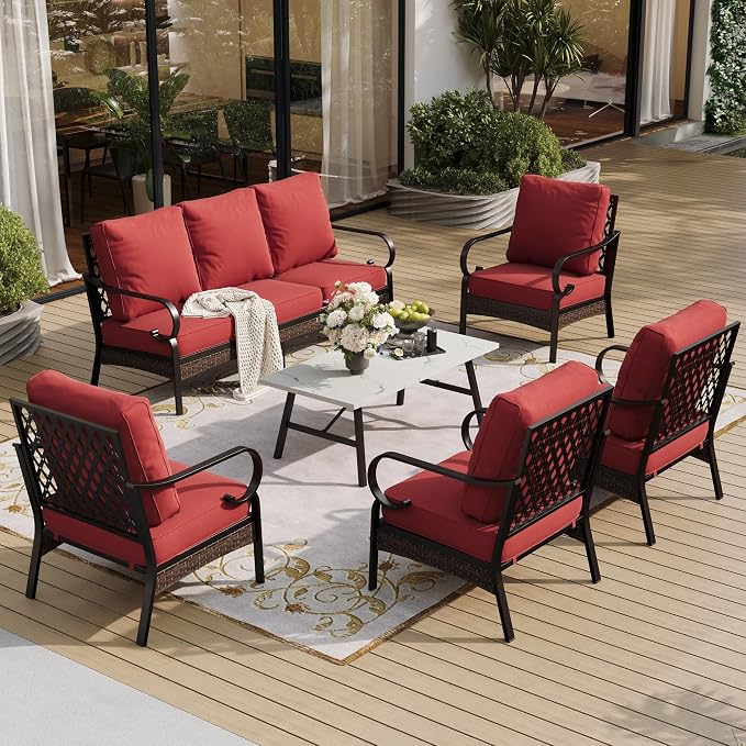 SUNSHINE VALLEY 6 Piece Metal Outdoor Patio Furniture Sets, Patio Conversation Sets with 3-Seater Sofa, 4 Single Sofa (5.75" Thick Cushion) & Coffee Table, Black Frame Backyard Furniture, Rust Red