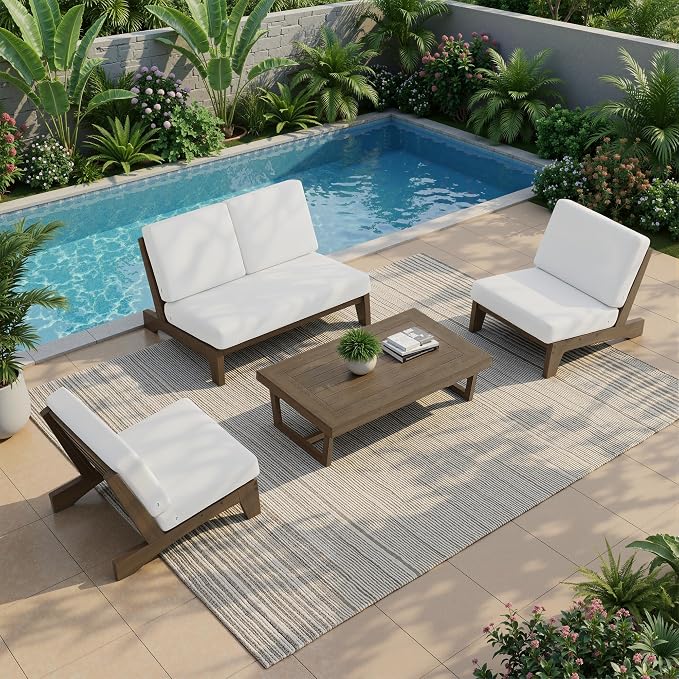 All Weather Patio Furniture Sets, 4 Pieces Teak Wood Outdoor Sectional Futniture Patio Sofa Chair Backyard Conversation Set with Solid Wooden Coffee Table - Beige