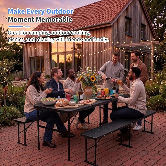 Polar Aurora Picnic Table Set with 2 Benches, 6 Feet Folding Camping Table Chair Set, Portable 3-Piece Outdoor Furniture with Wood Grain Top for Party, Picnic, Camping, Wedding (Black)
