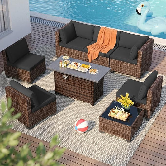 Qsun 8 Pieces Outdoor Patio Furniture Set with 44.9" Fire Pit Table, All-Weather Wicker Outdoor Patio Sectional Set with Coffee Table, for Backyard Poolside Garden Porch, Black