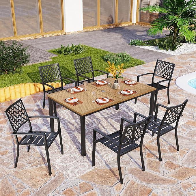 PHI VILLA Outdoor Dining Set for 6& 65”Wood-Like Metal Table | 7PCS-65" Wood-like Table, Net Back Chair, Classic, 65” Brown Wood-Like Metal Steel Table & Stackable Black Iron Chairs