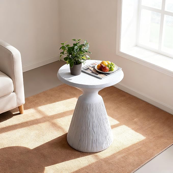 Cement Outdoor Side Tables for Patio, Garden Accent Table Faux Terrazzo End Table, Modern Small Round Side Table for Outside, Tree Stump Garden Stool Drum Table Indoor and Outdoor 16.73"*21.26" White