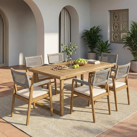 Christopher Knight Home Terry Acacia Wood Patio Dining Set for 6, Solid Wood Outdoor Dining Table Set for 6, 7 Piece Outdoor Dining Set with Rectangular Table and Woven Rope Accents, Teak+Beige+Grey