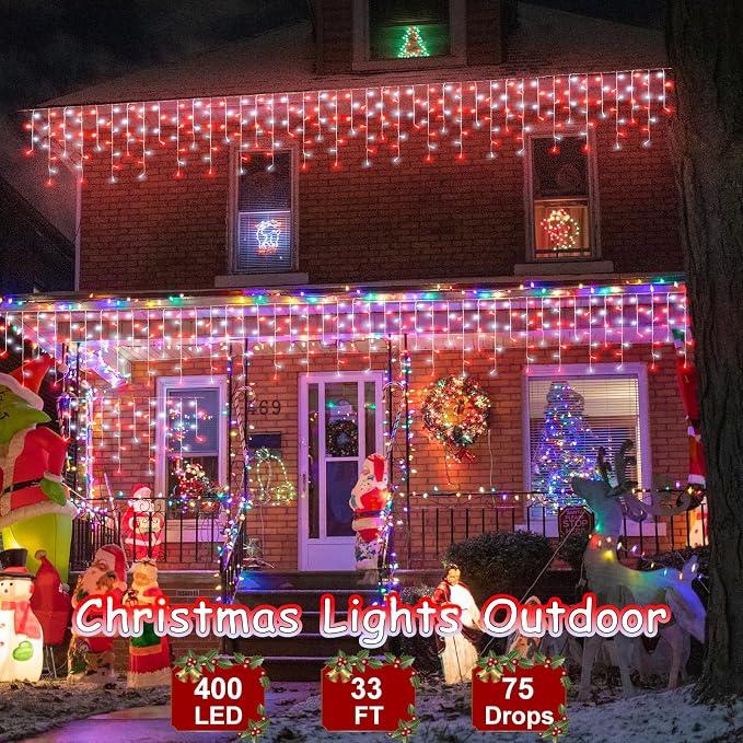 33ft Red and White Icicle Lights for Outside, 400 LED Christmas Lights | Clear Wire Connectable Twinkle Lights with 8 Modes Timer Waterproof for House Window Party Tree Holiday Patio Yard Home Decor