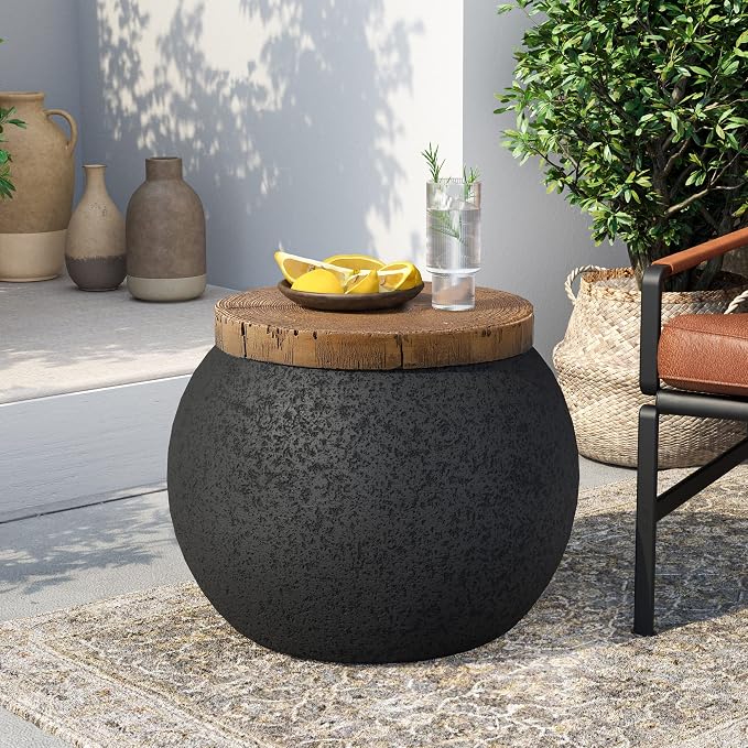 SUNBURY Outdoor Side Table Set of 2, 14" W Outdoor End Accent Side Table, Patio Decorative Garden Stool Wooden-Look Top for Livingroom, Garden, Backyard