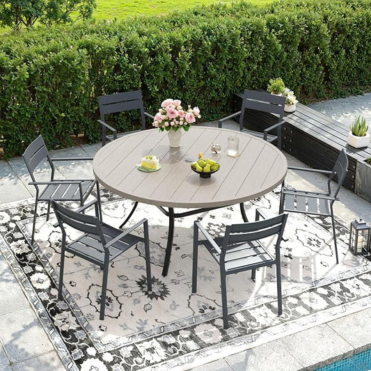 DIFY 7 Piece Outdoor Patio Dining Set for 6, Patio Table and Chairs Set with Umbrella Hole, 50" Round Dining Table and Stackable Metal Chairs for Backyard Garden Poolside, Grey Wood-Like & Grey