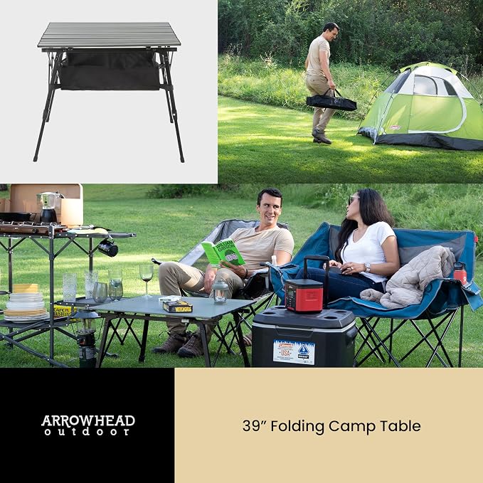 ARROWHEAD OUTDOOR 2-Pack 39" Aluminum Folding Camp Roll Up Table w/Adjustable Height, Undertable Mesh Storage, Carry Bag
