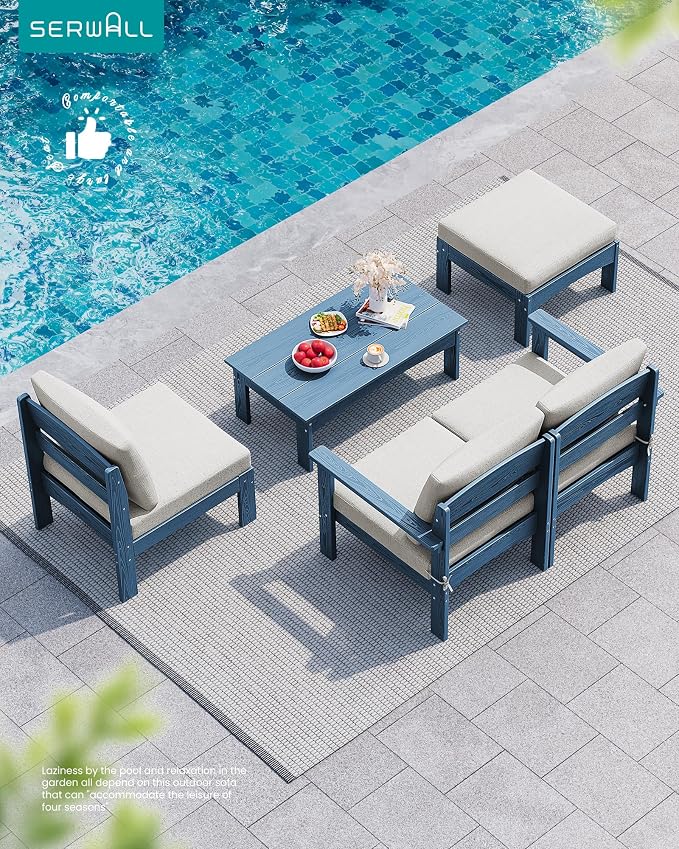 SERWALL HDPE Patio Sofa Set, 3 Pieces Conversation Set, All-Weather Outdoor Couch Sectional Sofas with Removable Cushions and Coffee Table for Balcony, Garden, Poolside, Blue Frame with Khaki Cushion