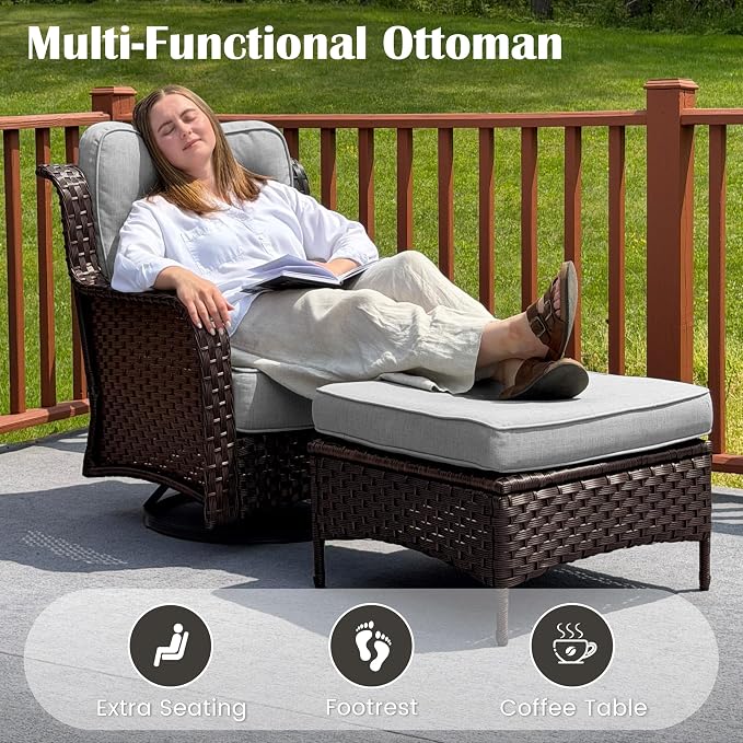 Sundale Outdoor 5 Piece Patio Furniture Set with Ottoman, Wicker Outdoor Swivel Chairs with 6" Cushions, High Back Rattan Patio Conversation Sets with Deep Seating for Porch, Yard (Grey)