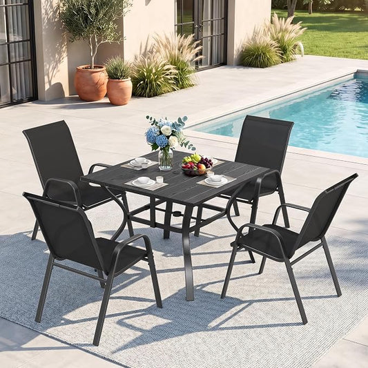 Outdoor Dining Set for 4, Patio Metal Table and Chairs Set with 1.97'' Umbrella Hole, 5pcs Patio Furniture Set 37.8”x37.8” Dining Table Set with Stackable Chairs for Backyard Pool Deck