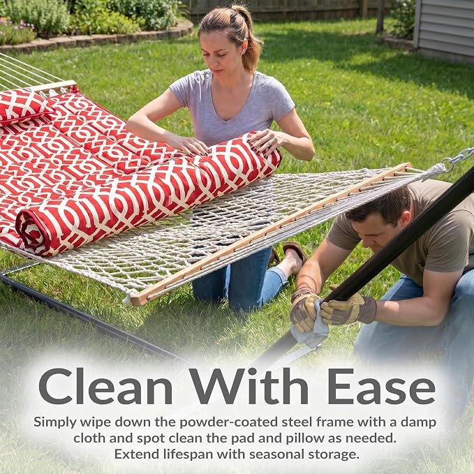 Sunnydaze Rope Double Hammock with Stand for Outside - Heavy Duty Freestanding Portable Outdoor Hammock Set with Quilted Pad, Pillow, and 12-Foot Steel Frame - 450 lb Capacity - Royal Red