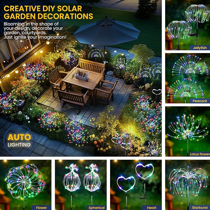 GIGALUMI 2 Pack Solar Firework Lights Outdoor, Garden Decor, Multicolored | 120 LEDs, Fairy Design, Waterproof, Garden Decor, Solar Powered for Yard, Pathway, Flowerbed, Planter, Balcony, Gifts for Mom
