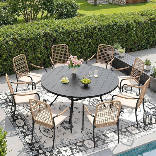 DIFY 9 Pieces Outdoor Dining Set for 8, 53" Round Dining Table with Umbrella Hole & Wicker Stackable Patio Chairs with Cushions, Metal Patio Table and Chairs Set for Backyard Porch Garden, Black