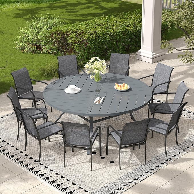 11 Pieces Outdoor Dining Set, Stackable Textilene Paito Chairs & 63.1" Round Dining Table with Umbrella Hole, Patio Dining Set for Backyard, Deck, Garden, Grey & Dark Grey