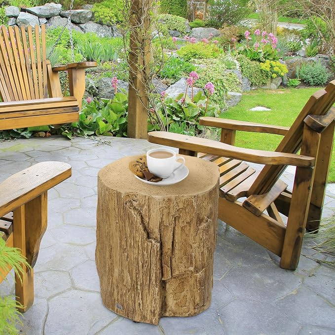 HOMCOM Tree Stump Stool, Decorative Side Table with Round Tabletop, Concrete End Table with Wood Grain Finish for Indoors and Outdoors, Natural