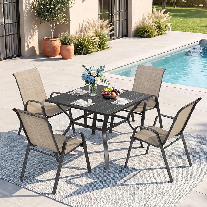 Outdoor Dining Set for 4, Patio Metal Table and Chairs Set with 1.97'' Umbrella Hole, 5pcs Patio Furniture Set 37.8”x37.8” Dining Table Set with Stackable Chairs for Backyard Pool Deck