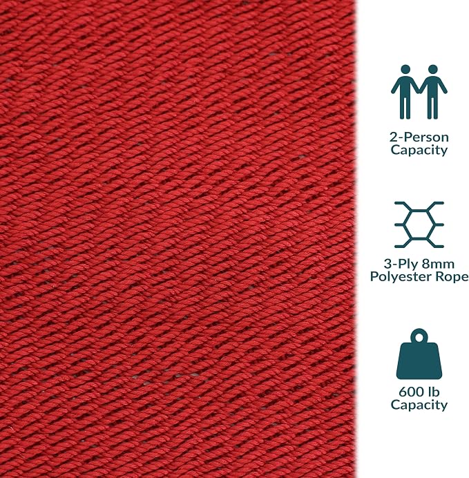Sunnydaze Soft-Spun Polyester Rope Double Hammock for Outside - 600-Pound Weight Capacity Extra Large Hammock - Red