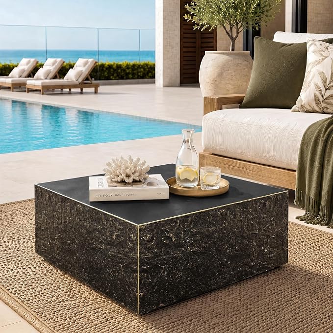 UPHA 28" Square Outdoor Coffee Table, Modern Hollow Concrete Patio Table, Small Minimalist Low Accent Table for Living Room, Balcony, Deck, Backyard, Bronze