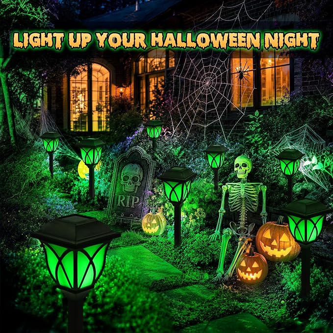 GIGALUMI Solar Halloween Lights Outdoor, LED Solar Pathway Lights 8 Pack | Garden Light Outdoor Decorations, Garden Decor for Yard, Patio, Landscape, Planter, Walkway (Green)