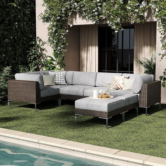 LayinSun 7-Piece Wicker Rattan Patio Furniture Set, Deep Seating Outdoor Modular Sectional Sofa Conversation Set with Thick Cushions for Lawn, Garden