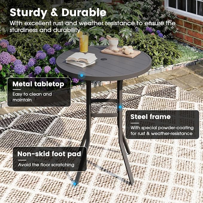 DIFY Patio Bar Height Table, 35.5" Round Outdoor Bistro Table with 1.57" Umbrella Hole for Poolside, Balcony, Pub and Garden, Grey