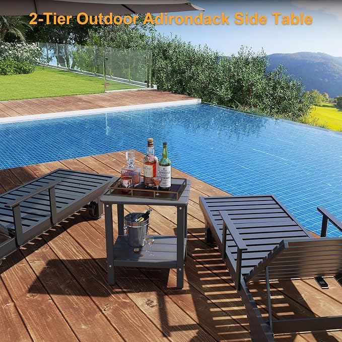 Outdoor Side Table, 2-Tier Small Square Patio Side Table with Adjustable Feet, All-Weather HDPE Adirondack End Tables for Porch Deck Balcony Pool, Easy Maintenance, Grey
