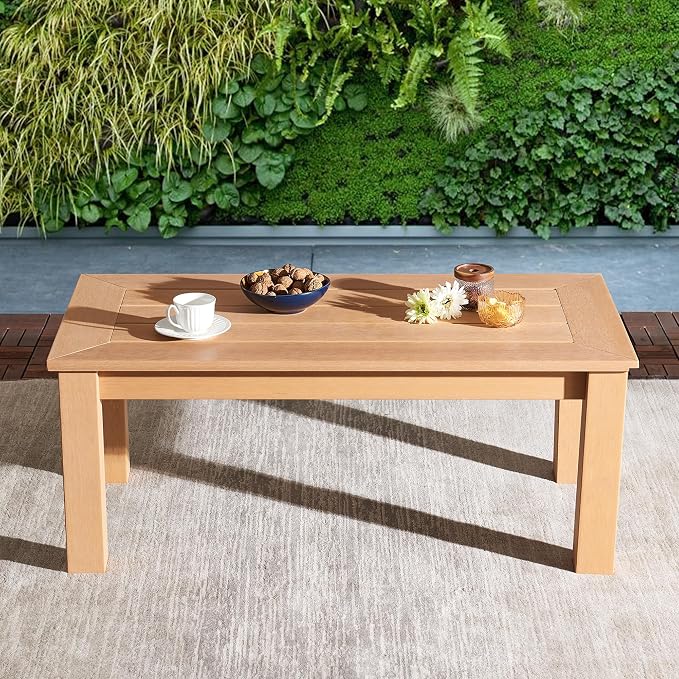 Outdoor Coffee Table Rectangle, 47" Poly Lumber Patio Coffee Tables for Outside, All Weather Outdoor Coffee Tables for Patio, Garden, Balcony, Lawn, Porch, Modern Patio Table (Teak Color)