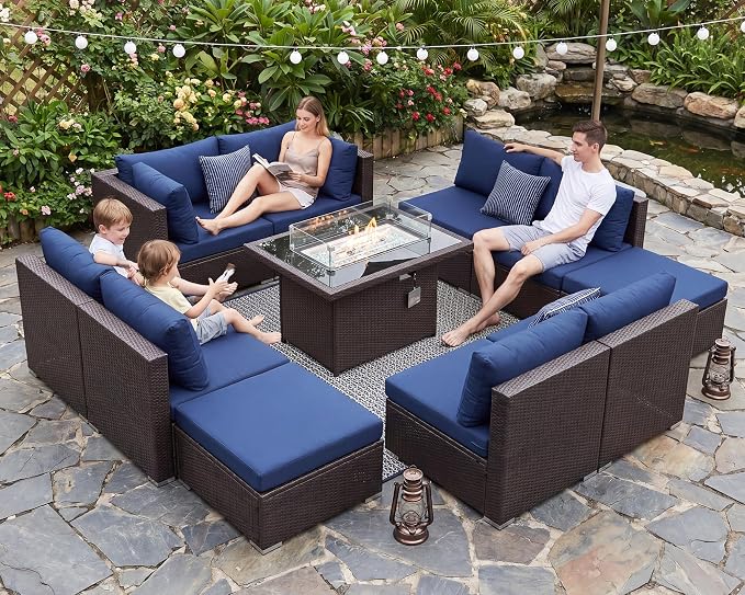 BULEXYARD 11 Piece High Back Outdoor Furniture Set with Firepit, Gorgeous Patio Conversation Set with Ottoman Modular, Large 10-Seats Sectional Couch Sofa for Garden, Brown Rattan & Navy Blue Cushion