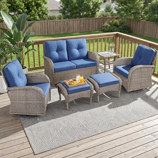 6 Piece Patio Furniture Set - Wicker Patio Conversation Set with Swivel Glider, Glider Loveseat, Tempered Glass Side Table and 2 Ottomans for Deck Backyard - Grey Wicker Blue Cushion