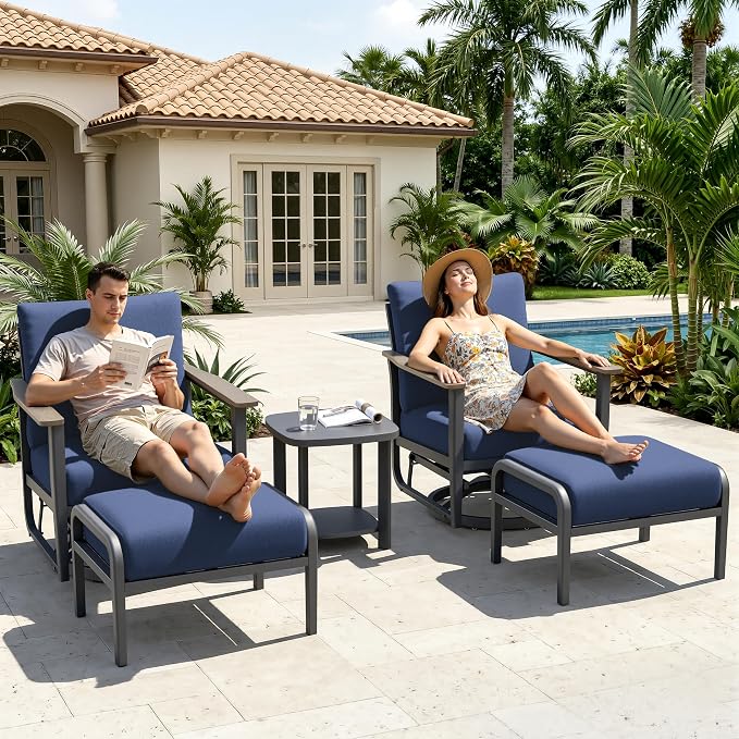 Aluminum Patio Swivel Rocking Chair Outdoor Bistro Set with Ottomans, 5PCS Patio Conversation Set Outdoor Patio Furniture Set with High Backrest & Thickened Cushions for Garden, Navy Blue