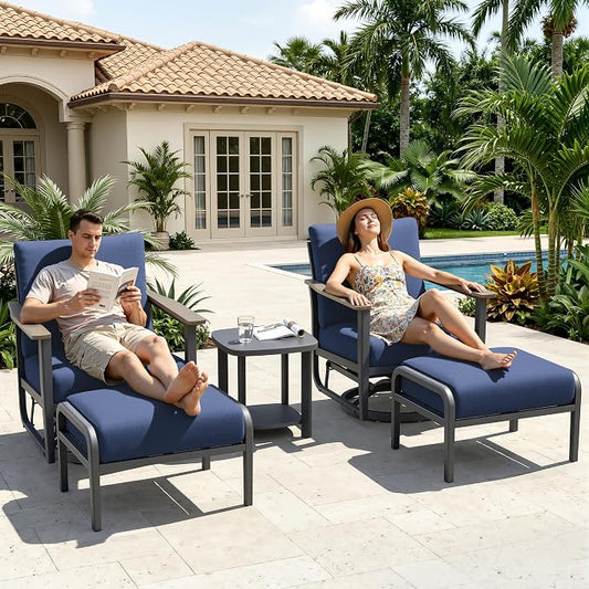 Aluminum Patio Swivel Rocking Chair Outdoor Bistro Set with Ottomans, 5PCS Patio Conversation Set Outdoor Patio Furniture Set with High Backrest & Thickened Cushions for Garden, Navy Blue