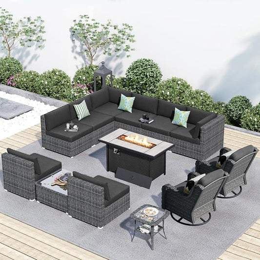 HOOOWOOO Outdoor Patio Furniture with Fire Pit Set 13 Pieces Patio Set with Fire Pit Wicker Outdoor Furniture with Fire Pit Table Set Patio Sectional Set with Swivel Chairs,Black