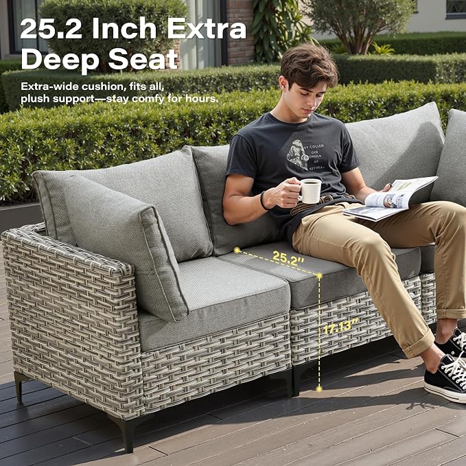 8 Pieces Patio Furniture Set with 42" Fire Pit, All-Weather Rattan Outdoor Sectional Conversation Sets L Shaped Sofas with Solar Light Coffee Table for Porch Balcony Backyard Dark Grey