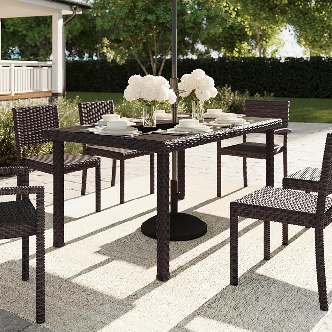 Martha Stewart Bedford 62" Indoor-Outdoor Patio Table with Faux Wood Top and Rattan Wicker Finish in Brown