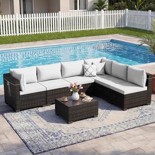 CHABATREE 7pcs Outdoor Patio Furniture Sets,Rattan Conversation Sectional Set,Manual Weaving Wicker Patio Sofa with Tea Table