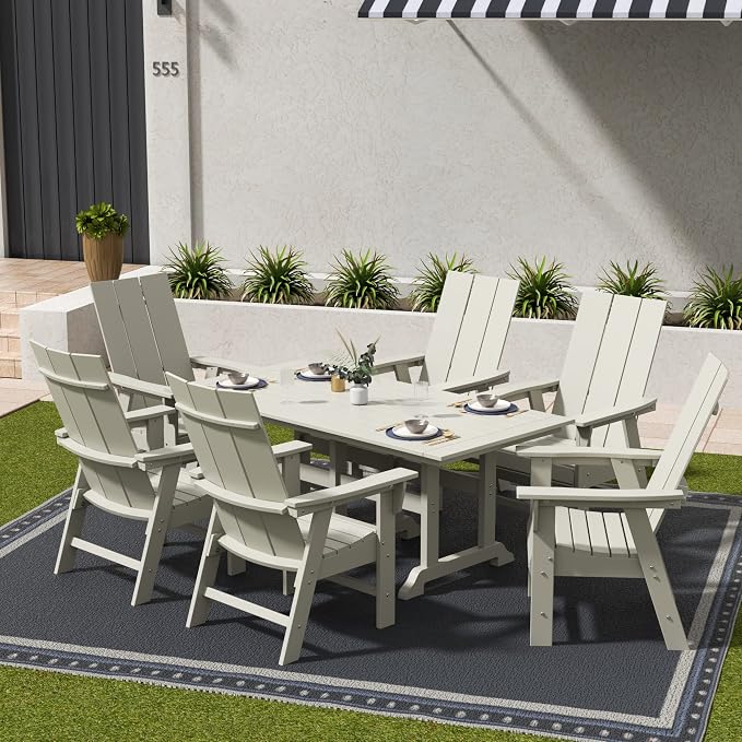 WestinTrends Ashore 7 Pieces Adirondack Outdoor Dining Set, All Weather Poly Lumber Slatted Modern Farmhouse Outdoor Furniture Set, 71" Trestle Dining Table and 6 Adirondack Dining Chair, Sand