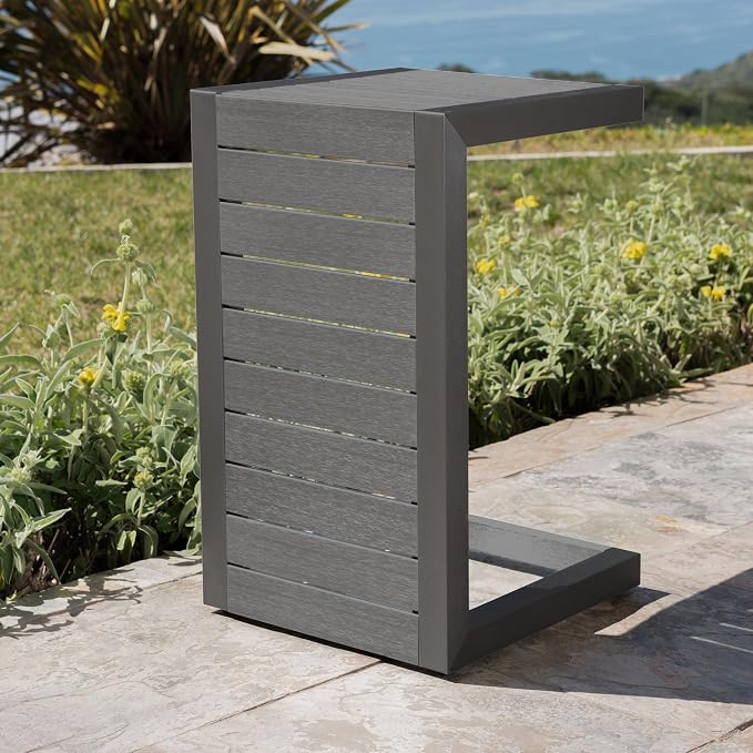 24" H Aluminium Gray Patio Side Table, Small C-Shaped Outdoor Patio Table Coffee Table for Patio, Garden or Balcony