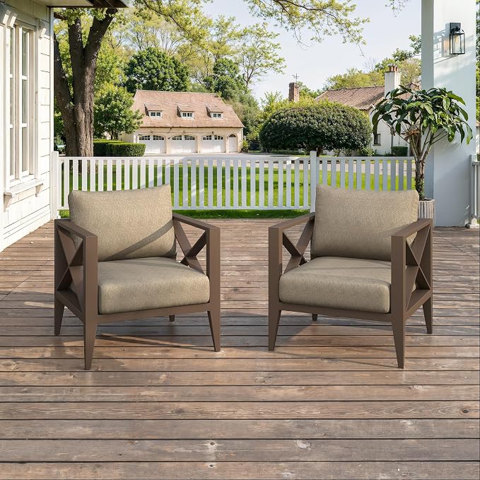 2 Piece Aluminum Patio Furniture Set, Modern Outdoor Patio Conversation Sets with Ergonomic Armhairs, 6" Thick Washable Cushions for Balcony, Porch, Backyard,Brown