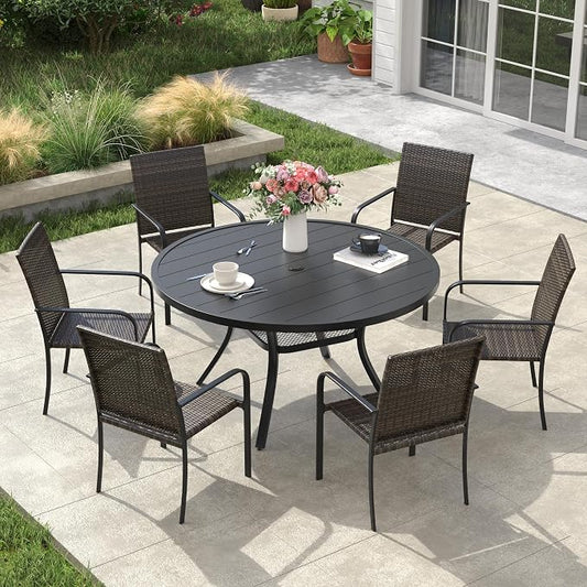 VICLLAX 7 Pieces Patio Dining Set, 6 Stakable Wicker Outdoor Chairs and 47" Patio Round Metal Table with Umbrella Hole for Backyard Lawn Deck, Black Tabletop