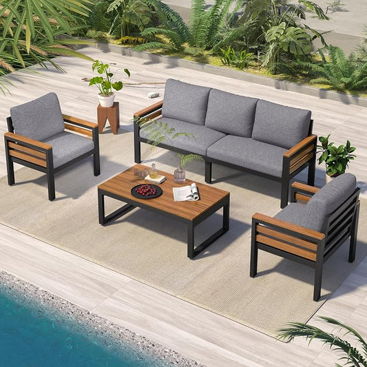 KLMM 4-Piece Outdoor Sofa Set for 5 People with Acacia Wood Armrests, Patio Conversation Set with Removable Cushion and Solid Wood Coffee Table,for Garden Backyard (Grey#g)
