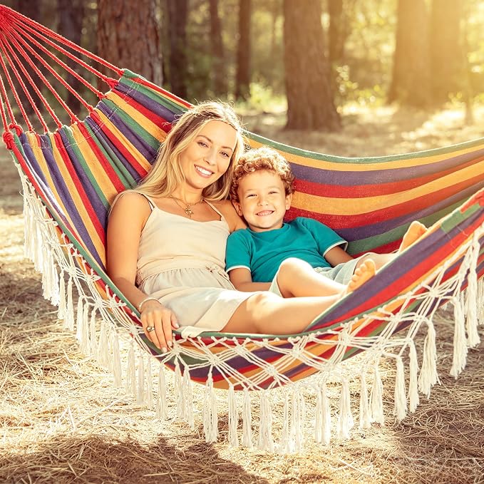 Bellzacasa Brazilian Double Camping Hammock, Portable Hammock Heavy Duty 500 lb Load Capacity Tassels and Fishtail Knitting with Carry Bag & Tree Straps for Patio Balcony Backyard, Red Stripes