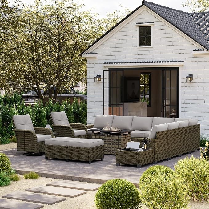 LazySunsets Luxury Patio Furniture Set with Fire Pit Table, All-Weather Patio Sectional Sofas with Thickened Cushions, 15 Piece Outdoor Furniture Set with Swivel Rocker Chairs & Ottomans, Grey