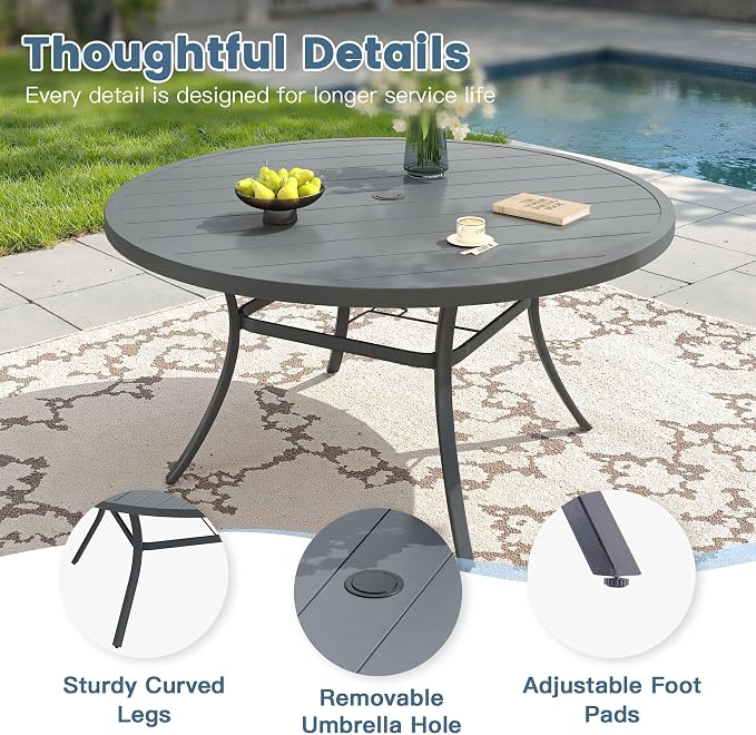 DIFY 7 Pieces Outdoor Dining Set for 6, 53" Round Dining Table with Umbrella Hole & Wicker Swivel Patio Chairs with Cushions, Metal Patio Table and Chairs Set for Backyard Porch Garden, Grey