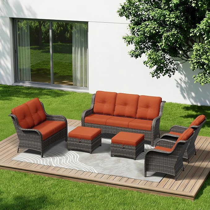6 Piece Outdoor Wicker Patio Furniture Set, Patio Chairs Set with Thickened Olefin Cushions, High Back and Deep Seating, Hand-Woven PE Rattan, Ottoman for Porch, Deck